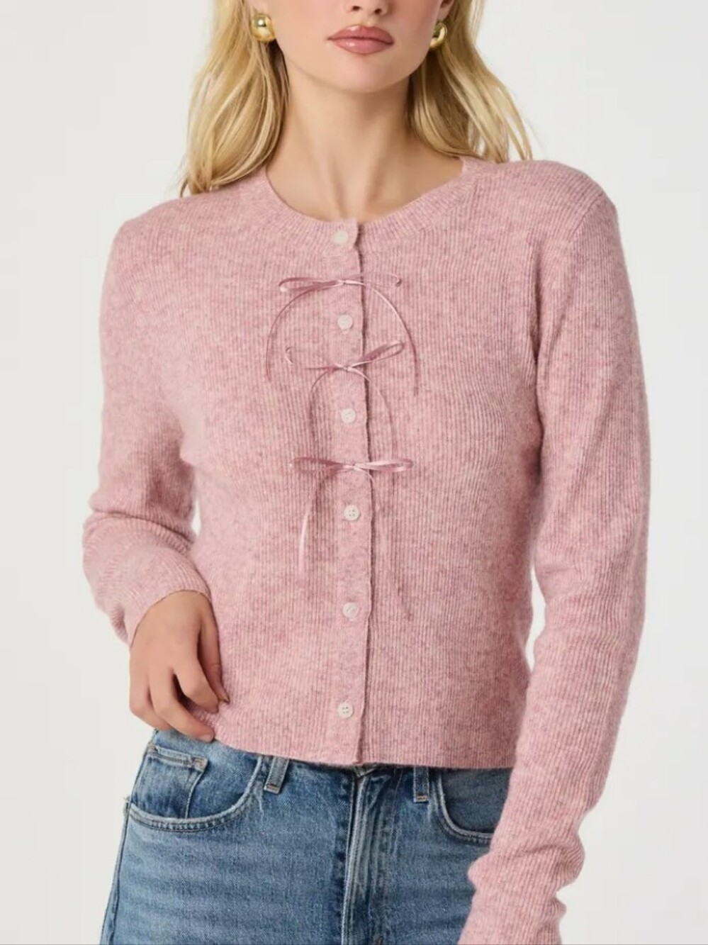 Button-Front Pink Ribbon Tie Crewneck Cardigan